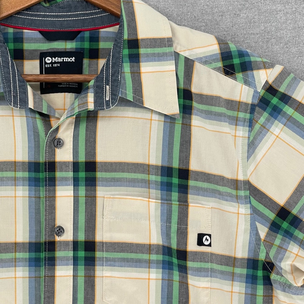 Marmot  Plaid Button Down Shirt Green Blue Organic Cotton Gorpcore Hiking L
